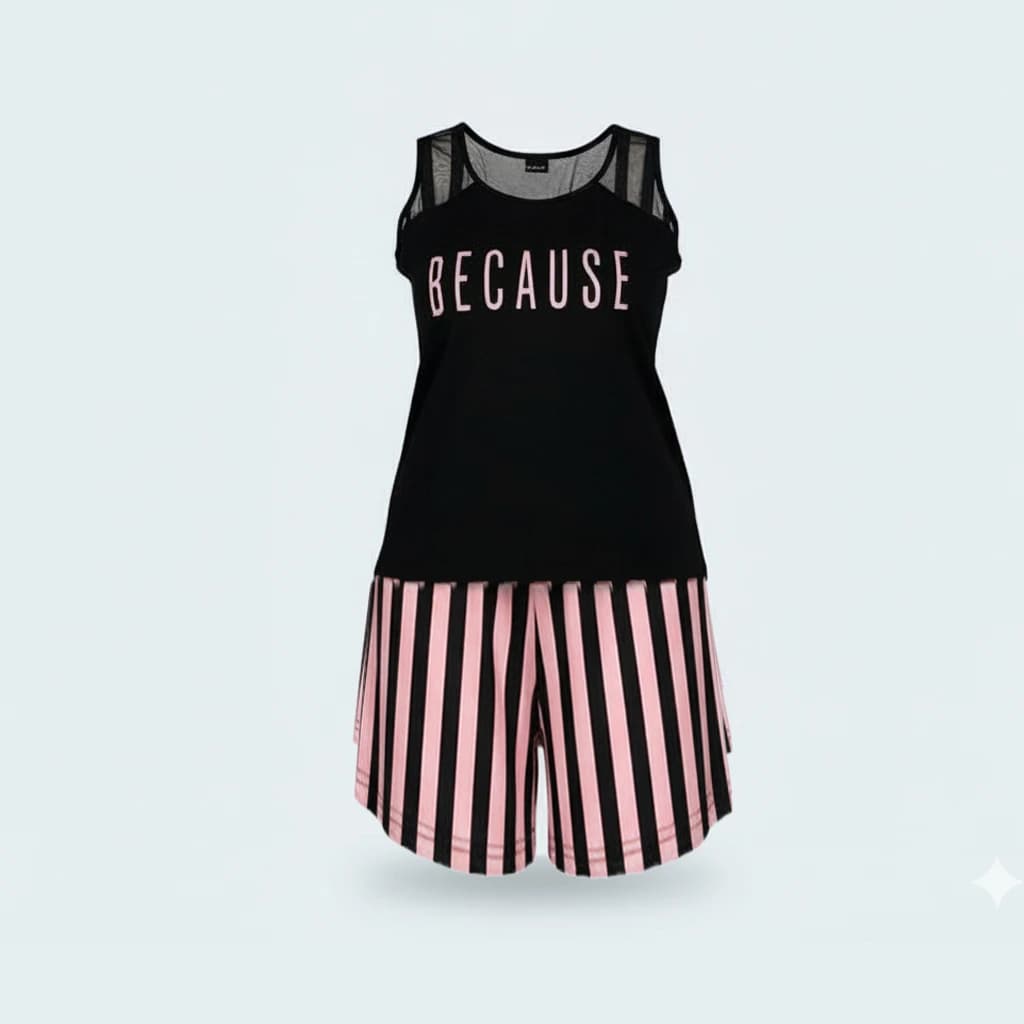 Plus Size Pajama Set with Transparent Detail Top and Striped Shorts