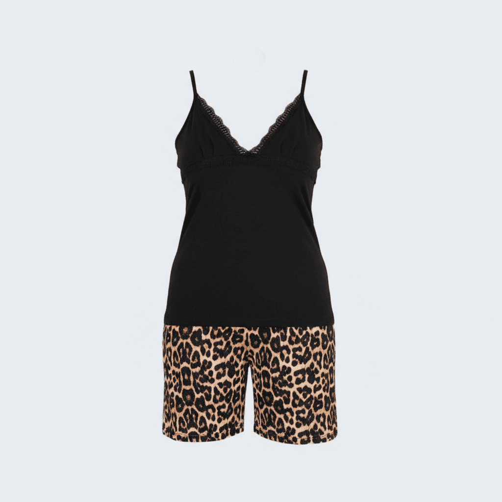 Plus Size Pajama Set with Tiger Print Shorts and Black Top with Soft Lace Details