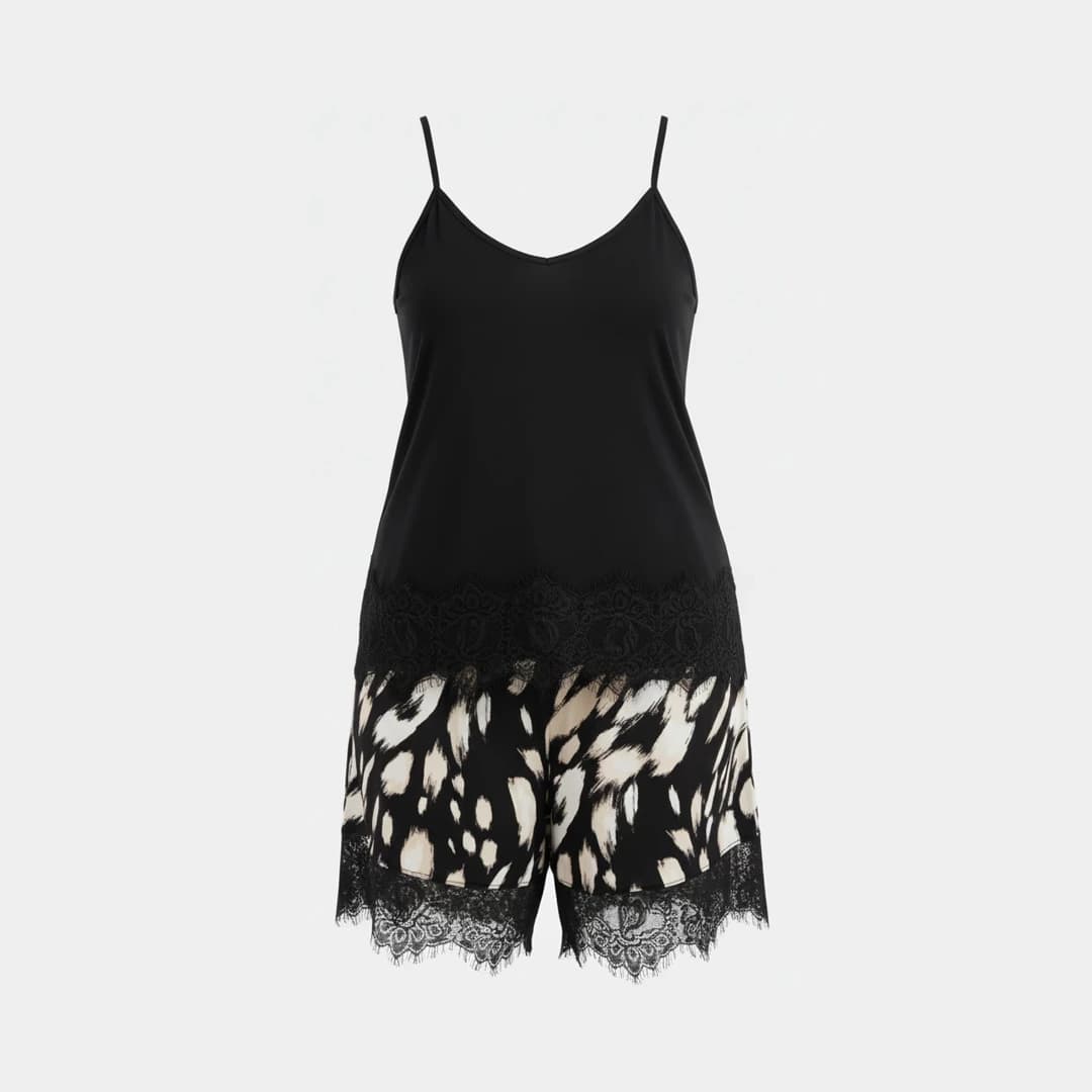 Soft Plus Size Pyjama Set with Shorts and Thin-Strap Top Featuring Elegant Lace Details