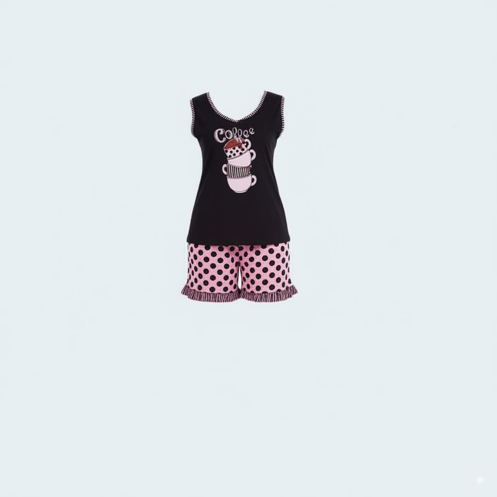 Plus Size Pajama Set – Pink Polka Dot Shorts with Black Top