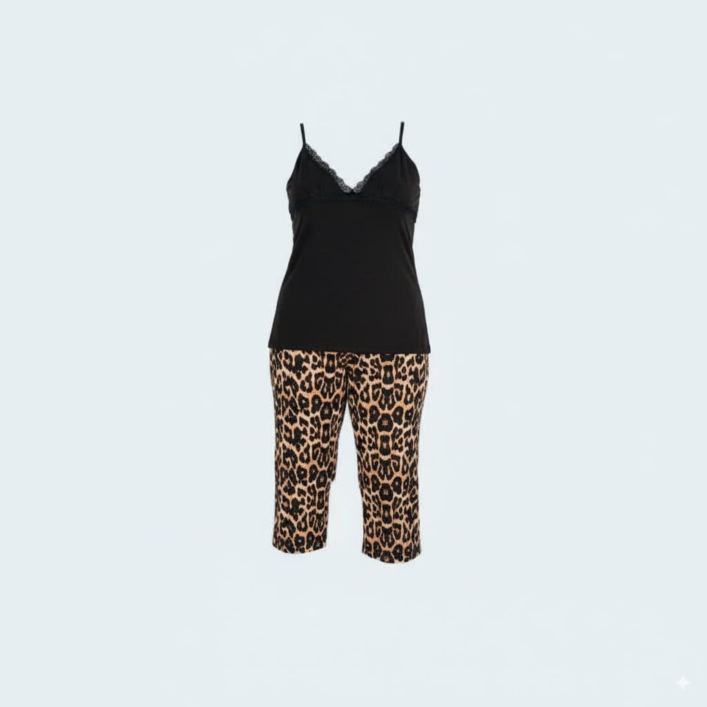 Plus Size Pajama Set with Tiger Print Capri Pants and Black Top with Soft Lace Details