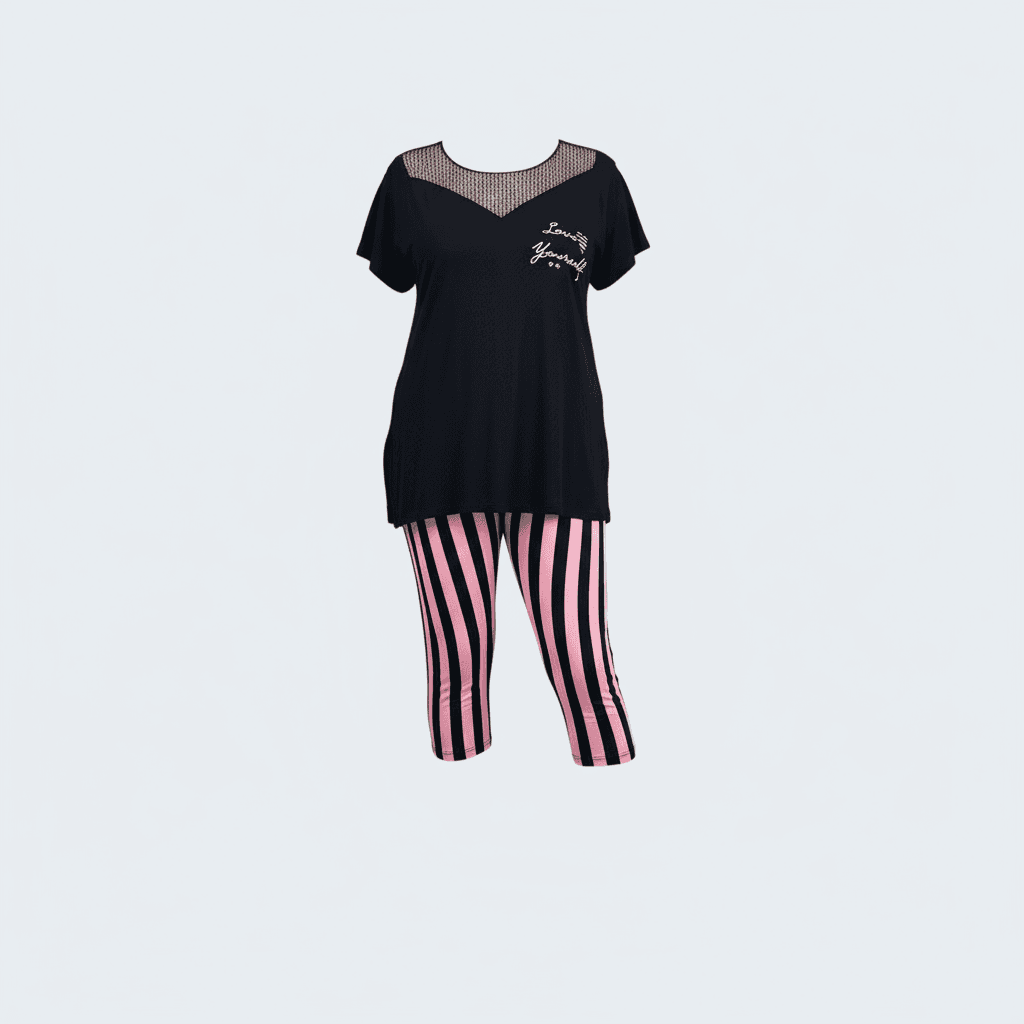 Plus Size Striped Capri Pants & Short Sleeve Shirt Pyjama Set with Mesh Chest Detail