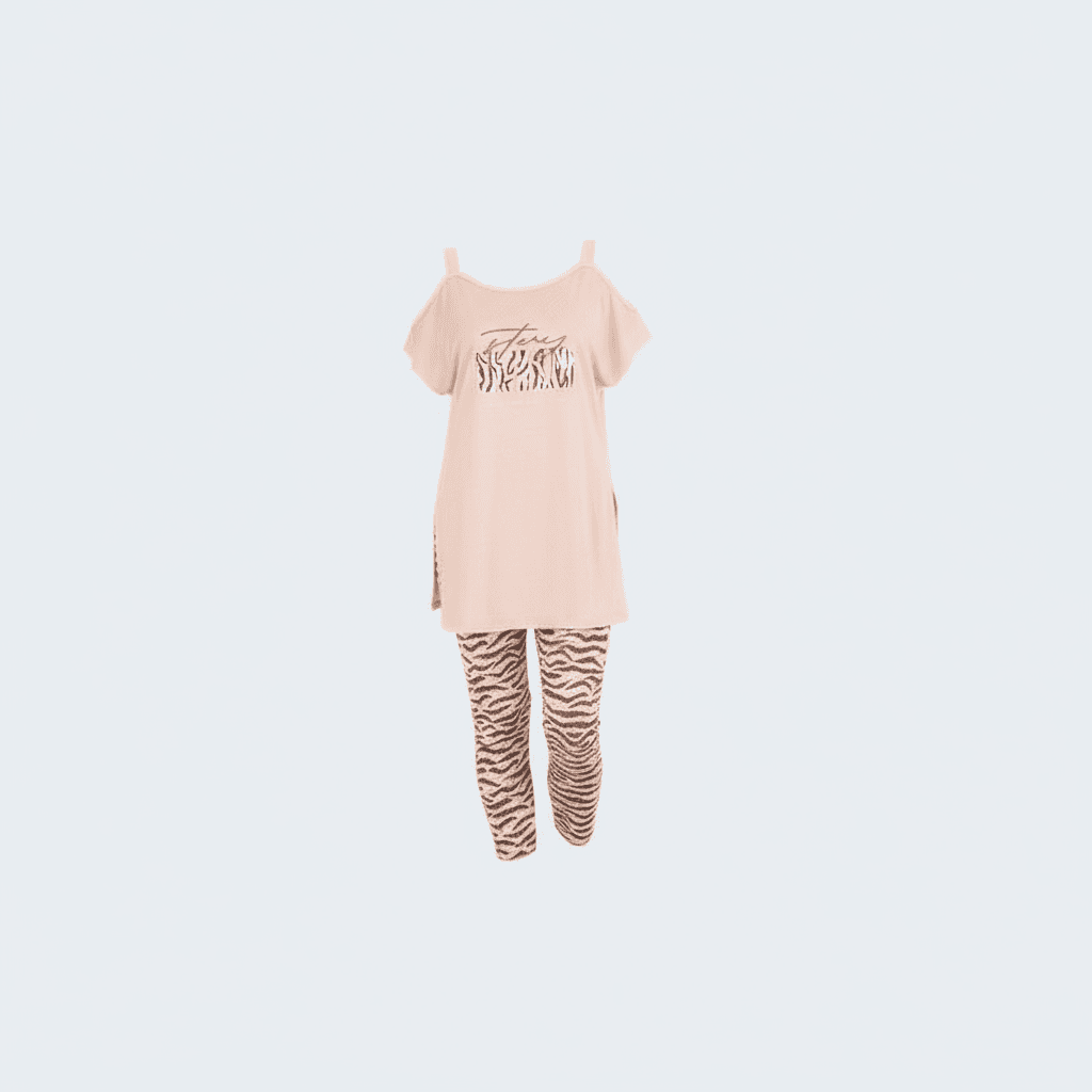 Patterned Leggings Pajama Set with Wide Top Featuring Unique Cut-Out Shoulder Detail