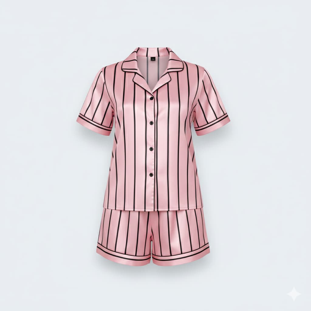 Luxurious Wide-Striped Silky Satin Pajama Set – 2 Piece | Shorts & Half Sleeve Shirt