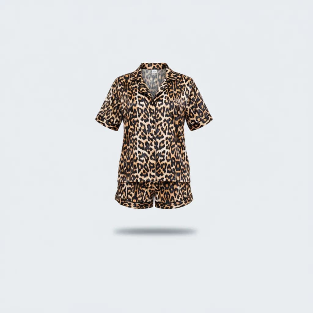 Luxurious Tiger Patterned Silky Satin Pajama Set – 2 Piece | Shorts & Half Sleeve Shirt