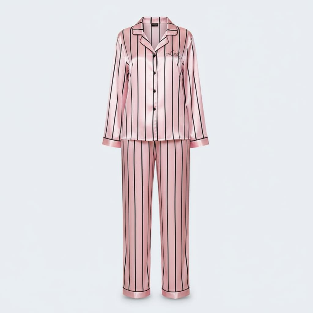 Luxurious Wide Striped Silky Satin Pajama Set – 2 Piece | Pants & Long Sleeve Shirt