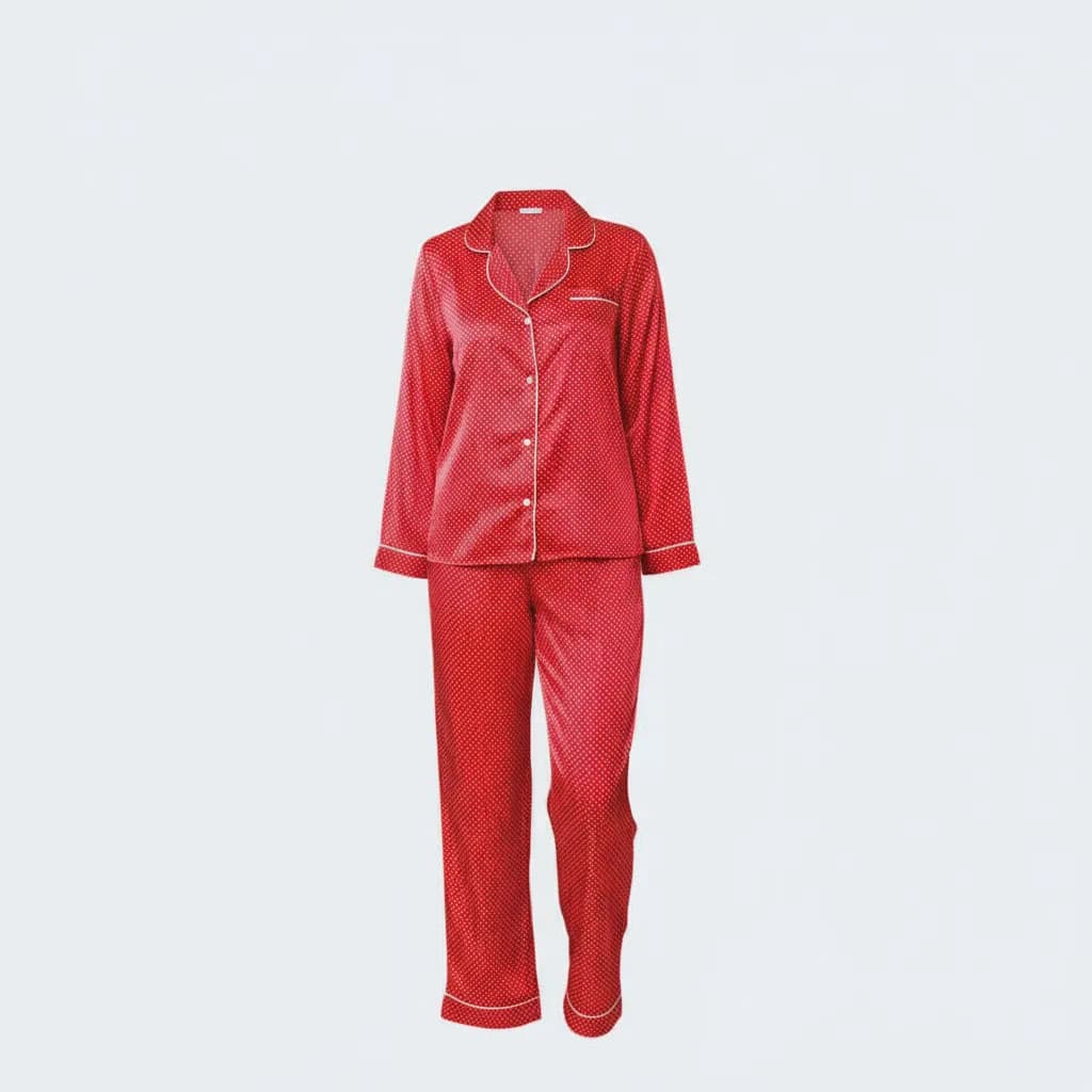 Luxurious Red Silky Satin Pajama Set with White Polka Dots – 2 Piece | Pants & Long Sleeve Shirt