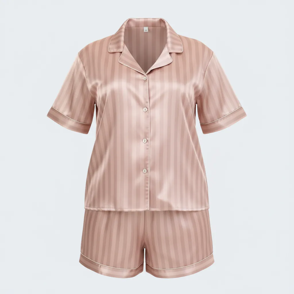 Plus Size Luxurious Striped Silky Satin Pajama Set – 2 Piece | Shorts & Half Sleeve Shirt