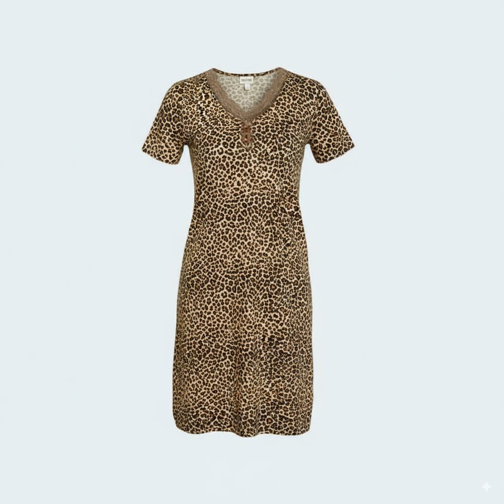 Soft Viscose Night Dress with Short Sleeves and Delicate Lace Neckline