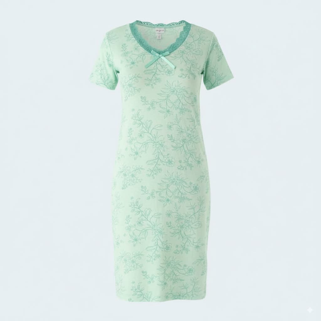 Soft Viscose Night Dress with Short Sleeves and Delicate Lace Neckline