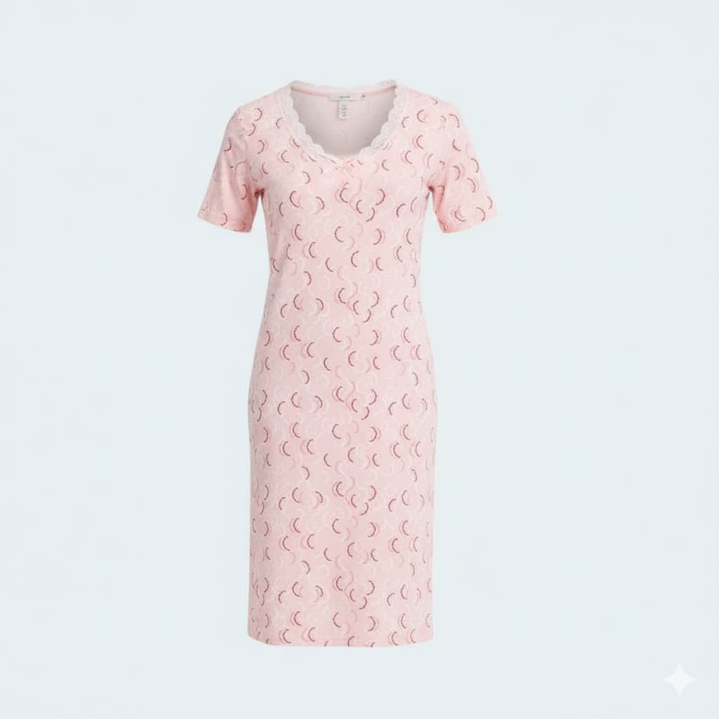 Soft Viscose Night Dress with Short Sleeves and Delicate Lace Neckline