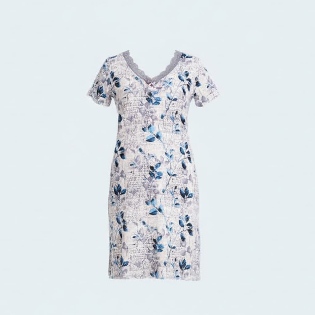 Soft Viscose Night Dress with Short Sleeves and Delicate Lace Neckline