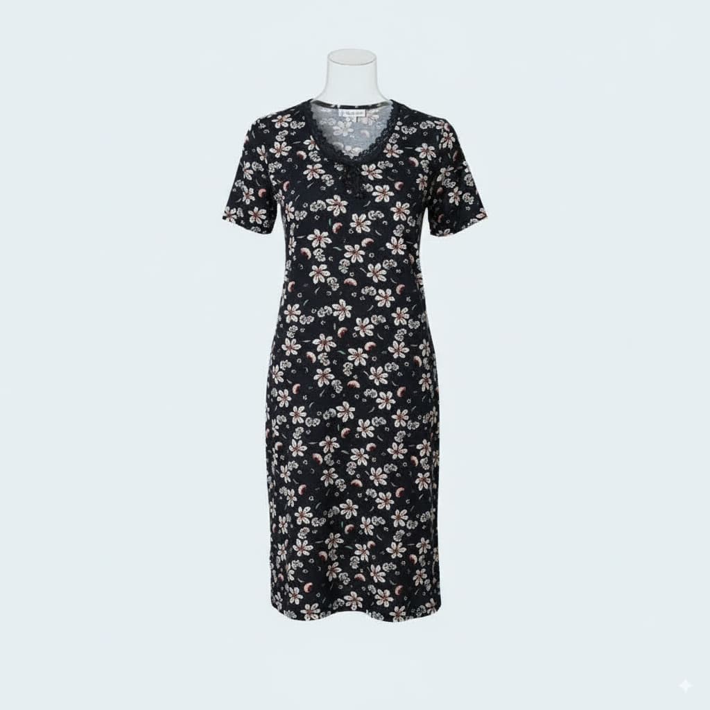 Plus Size Soft Viscose Night Dress with Short Sleeves and Delicate Lace Neckline