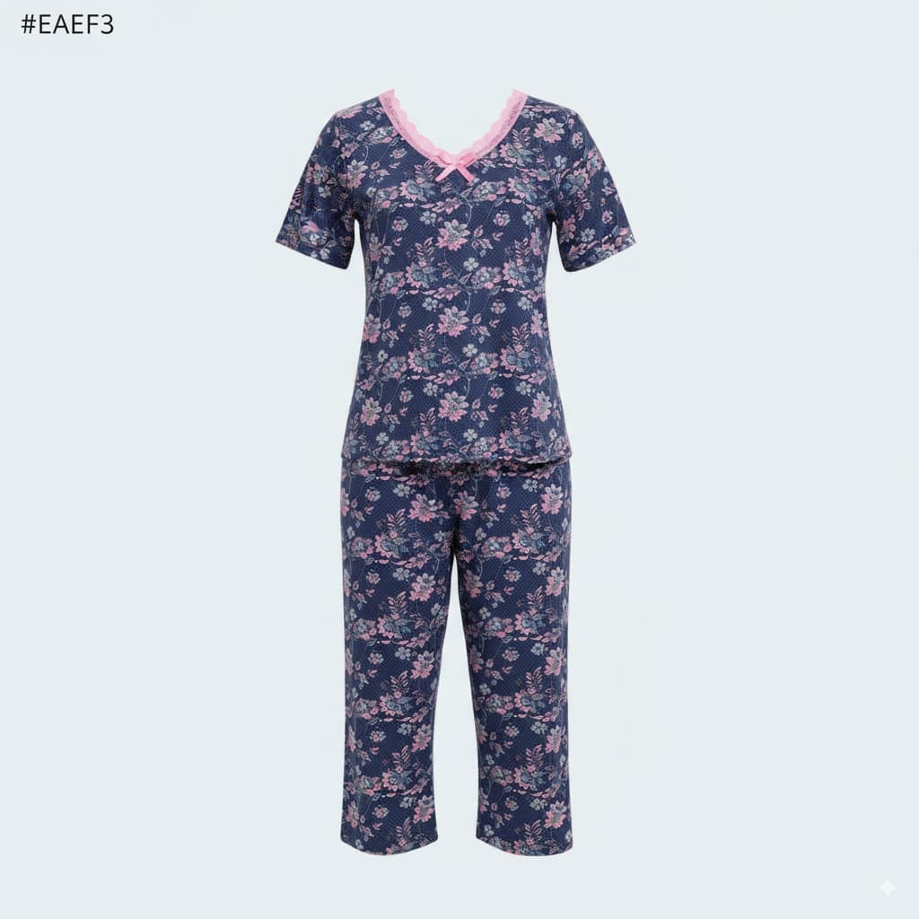 Plus Size Viscose Pajama Set with Capri Pants and Short-Sleeve Shirt – Soft Floral Pattern
