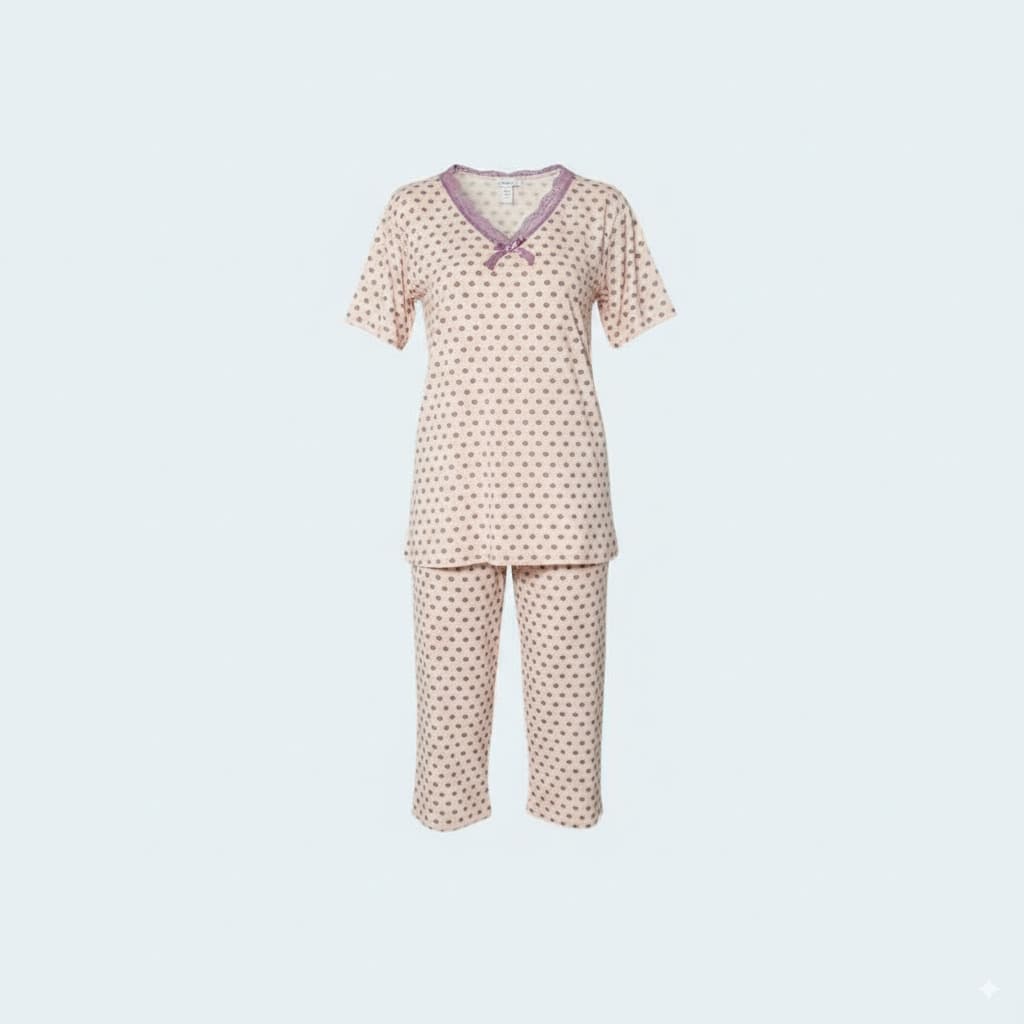 Plus Size Viscose Pajama Set with Capri Pants and Short-Sleeve Shirt – Purple Dotted Patter