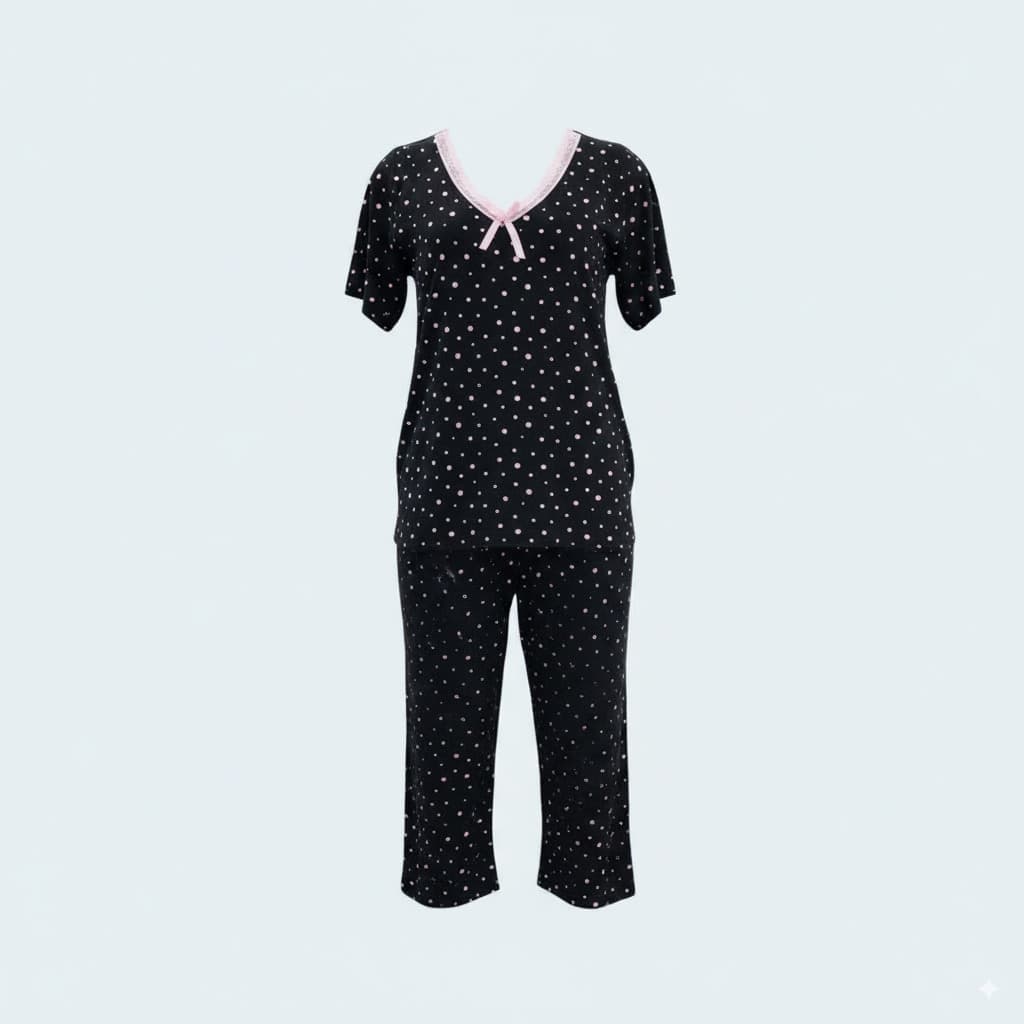 Plus Size Viscose Pajama Set with Capri Pants and Short-Sleeve Shirt – Unique White Dotted Pattern