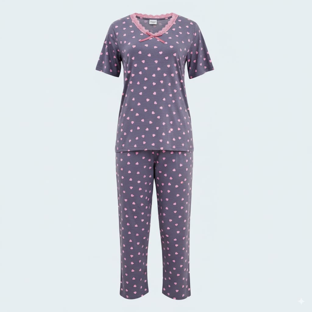 Plus Size Viscose Pajama Set with Capri Pants and Short-Sleeve Shirt – Pink Heart Pattern