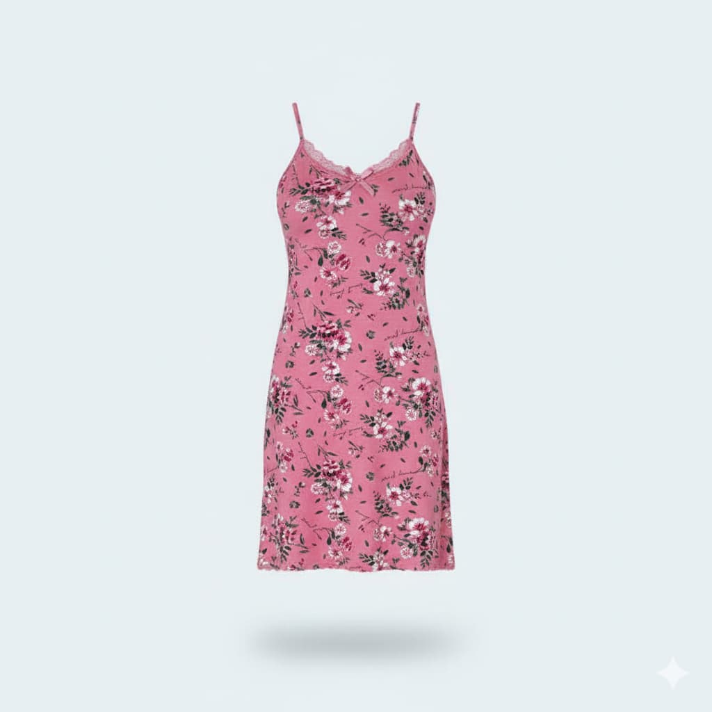 Plus Size Soft Viscose Night Dress with Thin Straps, Lace Neckline, and Side Slit