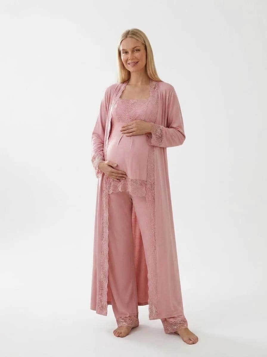 Elegant 3-Piece Maternity Pajama Set with Lace Details