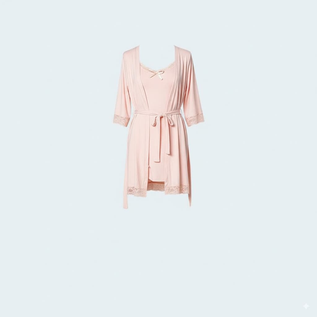 Soft Viscose Short Night Dress with Side Slit and Robe Featuring Delicate Lace Details