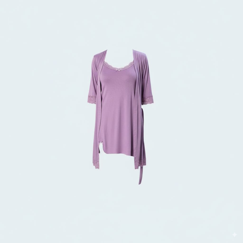Soft Viscose Short Night Dress with Side Slit and Robe Featuring Delicate Lace Details