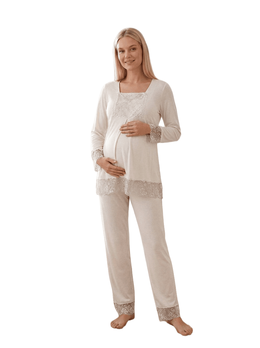 Elegant Lace Maternity Pajama Set – Long Sleeves