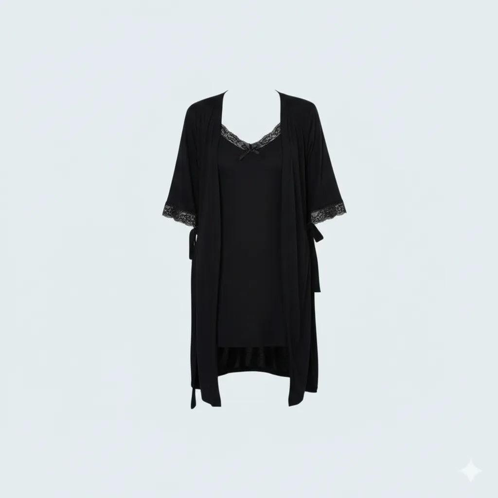 Plus Size Soft Viscose Short Night Dress with Robe and Delicate Lace Details