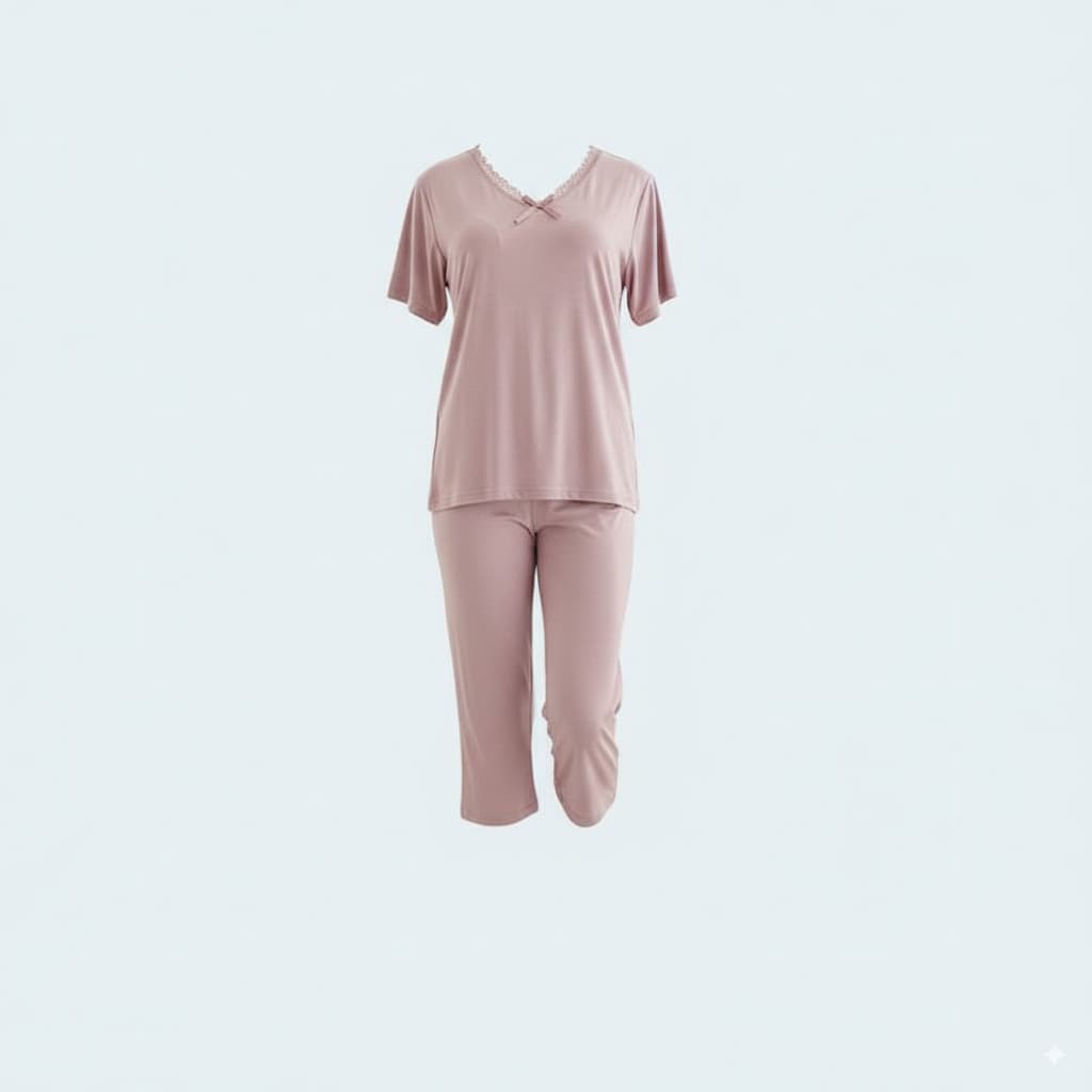 Soft Viscose Pajama Set with Capri Pants and Shirt Featuring Delicate Lace Details