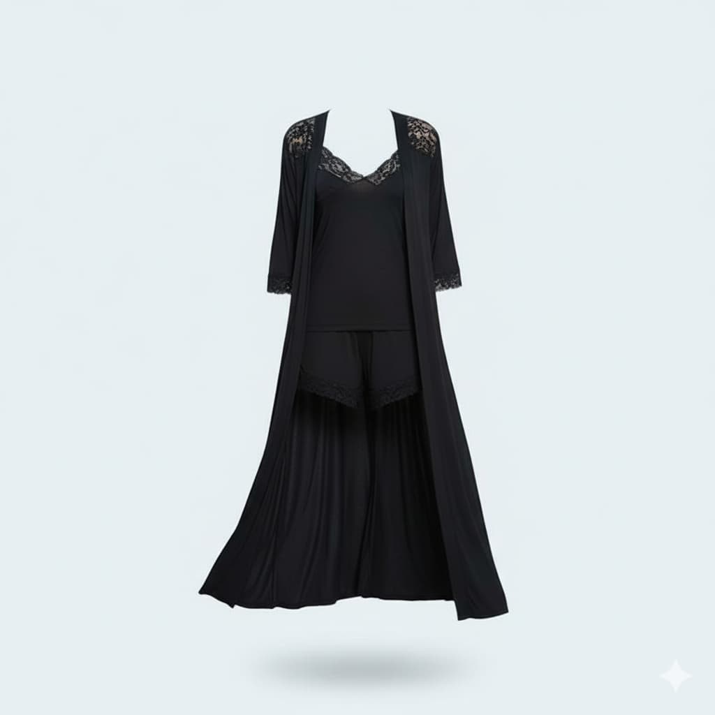 Viscose 3-Piece Pajama Set with Delicate Lace Details: Shorts, Thin Strap Top, and Matching Robe