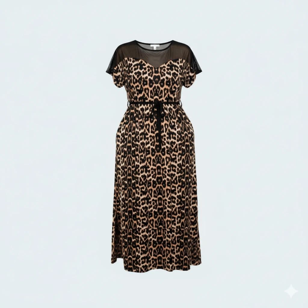 Plus Size Tiger Print Homewear Dress with Transparent Details, Side Slit, and Waist Belt