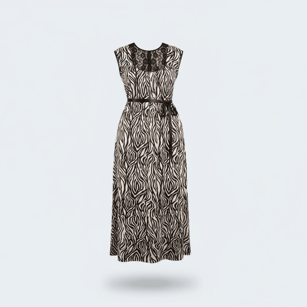Plus Size Zebra Print Homewear Dress with Waistband and Soft Lace Chest Details