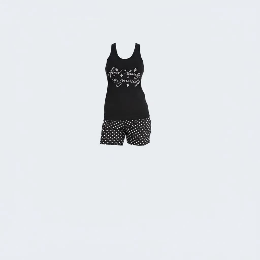 Soft Fabric Pajama Set with Polka Dot Shorts and Black Top