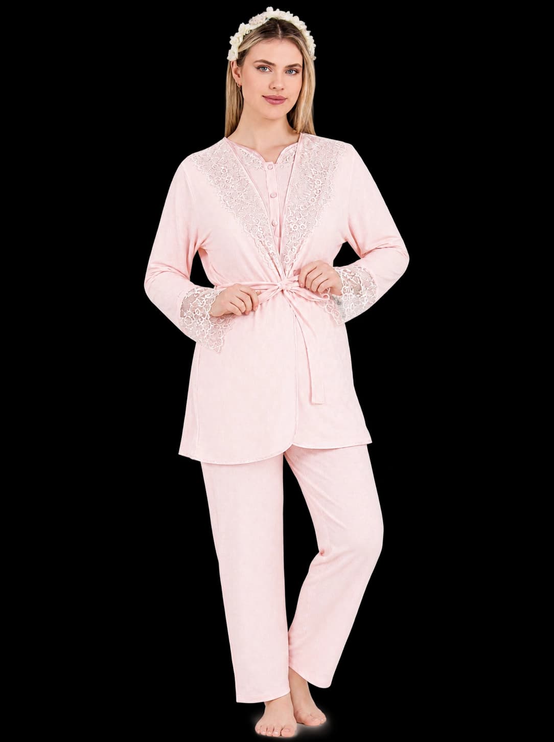 Elegant 3-Piece Maternity Pajama Set with Lace Details – Long Sleeve & Short Robe