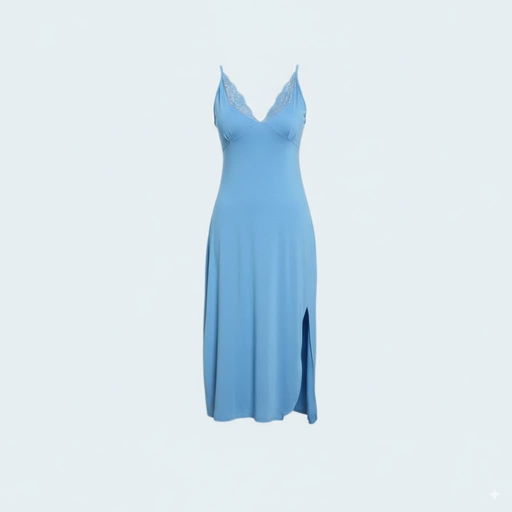 Soft Viscose Night Dress with Side Slit and Delicate Lace Chest Detail