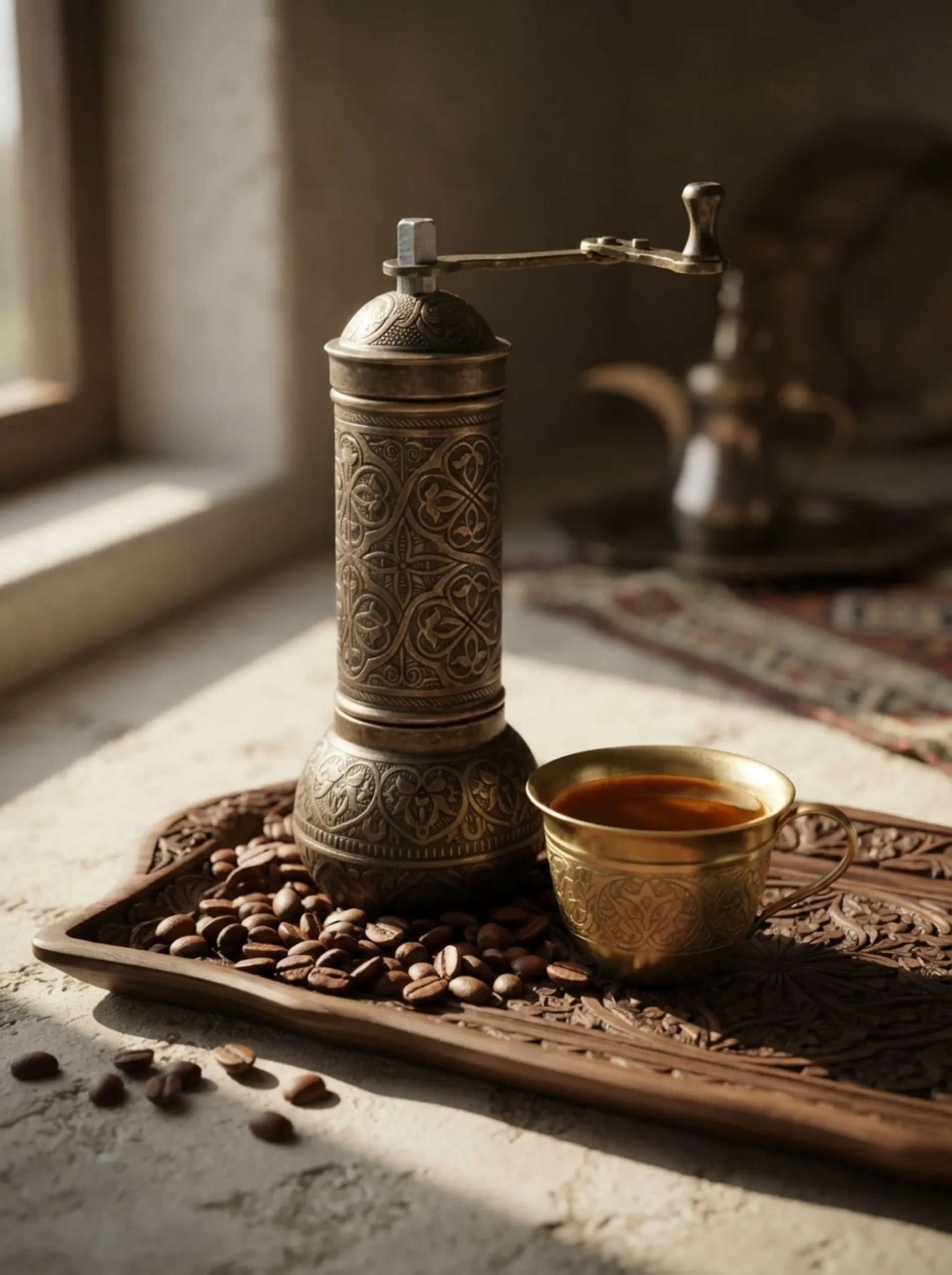 Handmade Ottoman Manual Coffee Grinder | Bronze-Colored Copper with Artistic Patterns | Made in Turkey