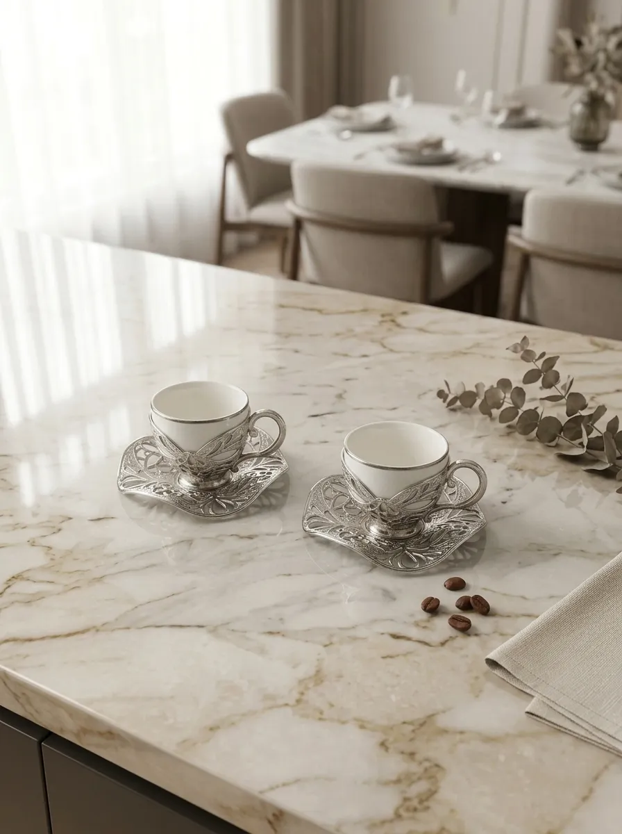 Acar Ottoman Turkish Coffee Set for 2 | Tray, 2 Covered Cups & Sweet Dish | Sparkling Silver | Made in Turkey