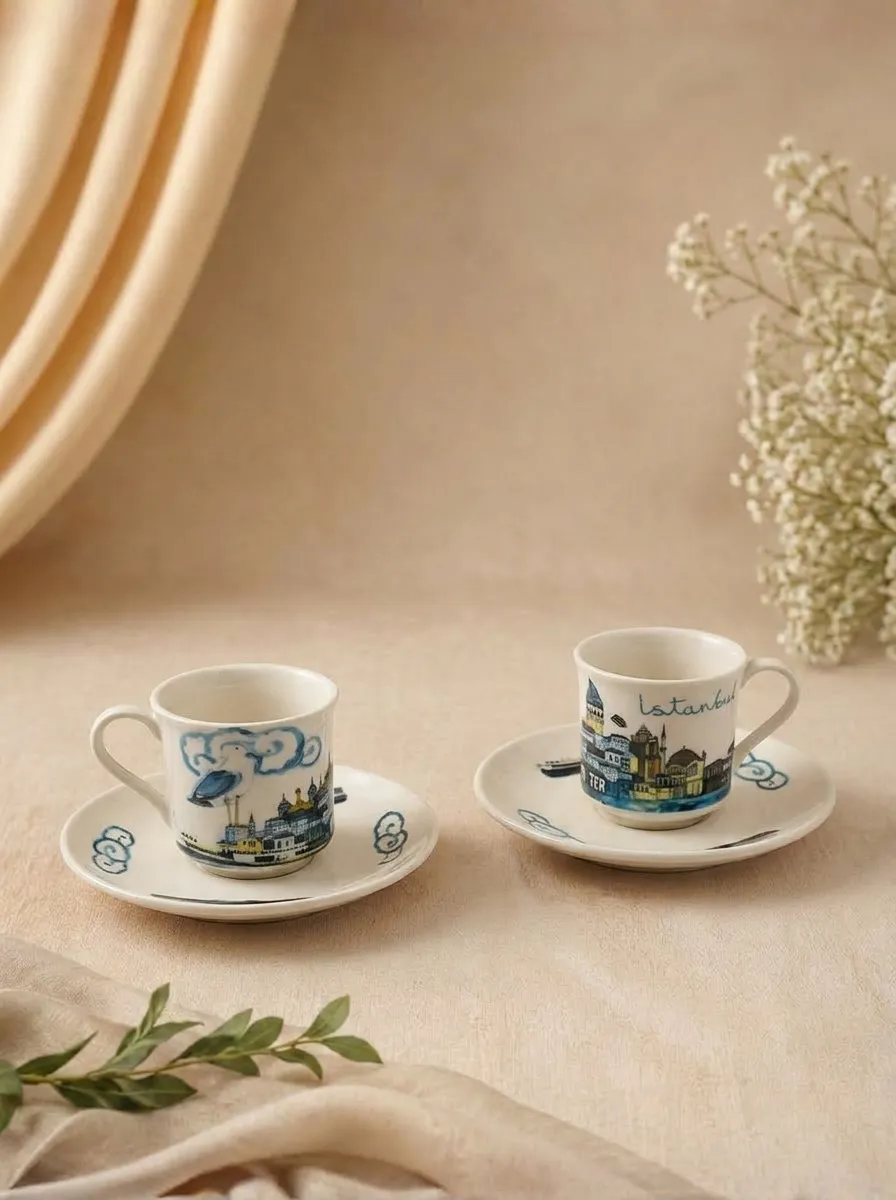 Turkish Coffee & Espresso Cup Set for 2 | Istanbul Design Cups & Saucers | Made in Turkey
