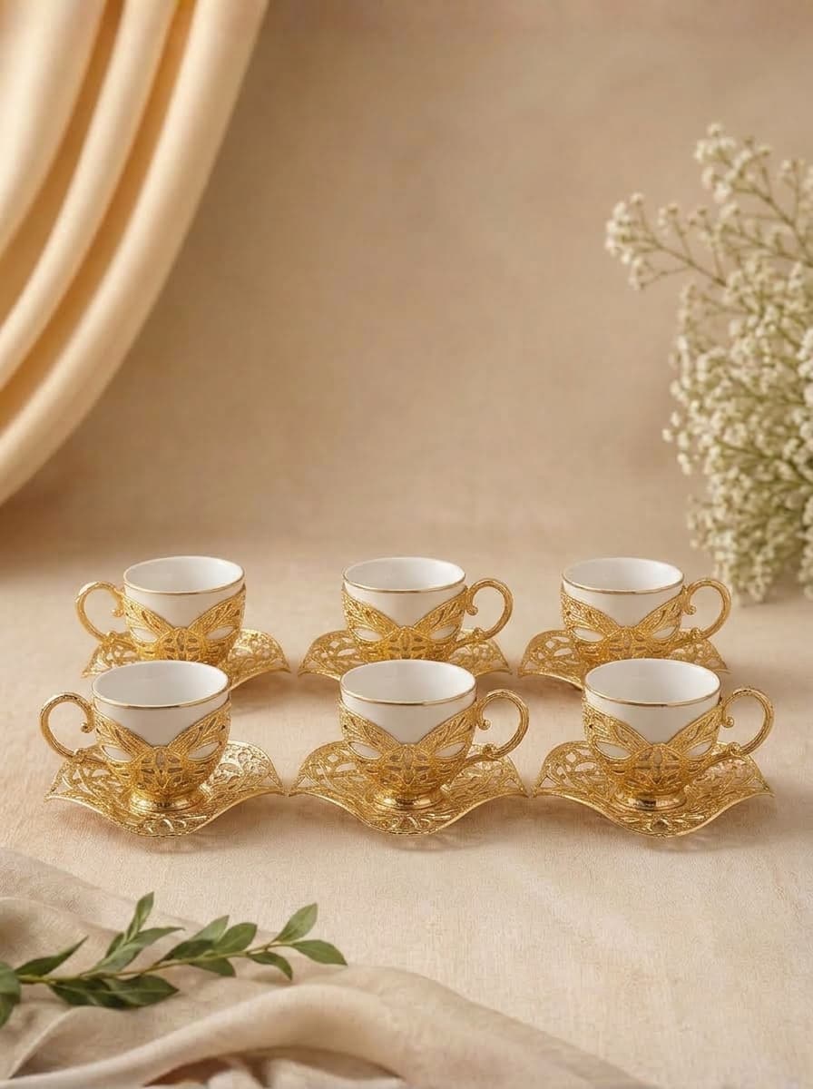 Acar Gold Coffee Set for 6 with White Glass Cups
