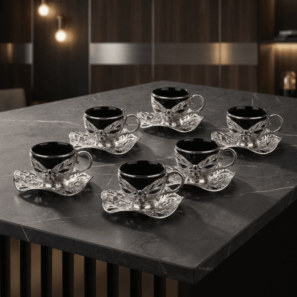 Acar Turkish Coffee Set for 6 | Black Glass Cups, Silver Holders & Saucers | Ottoman Style | Made in Turkey
