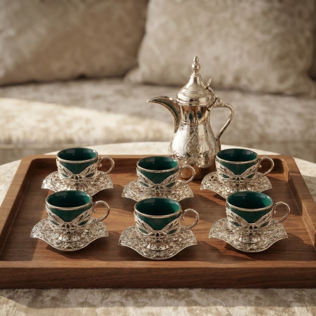 Acar Turkish Coffee Set for 6 | Green Glass Cups, Silver Holders & Saucers | Ottoman Style | Made in Turkey