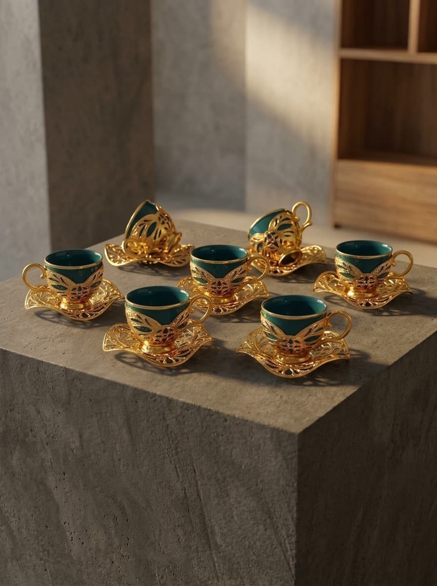 Acar Green Glass Coffee Set for 6 with Gold Holders