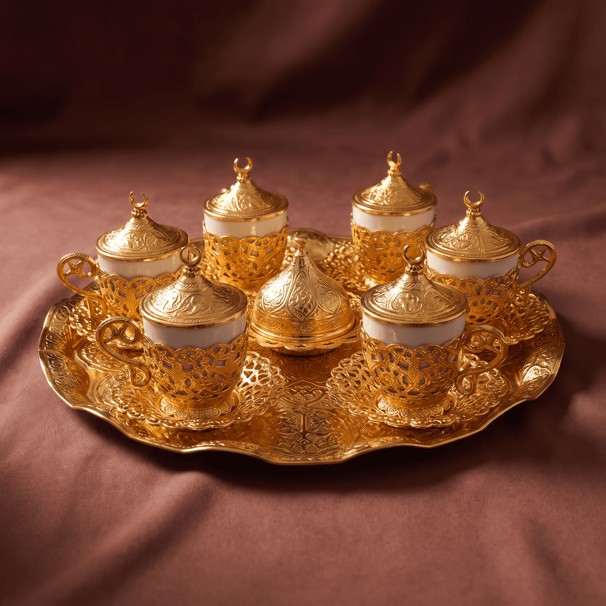 Acar Luxury Turkish Coffee Set for 6 | 6 Glass Cups, Holders, Saucers & Covers + Tray & Sweet Dish | Ottoman Gold | Made in Turkey