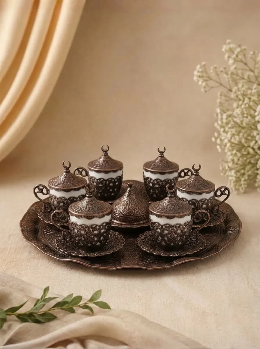 ACAR Luxury Turkish Coffee Set for 6 | Covered Glass Cups, Tray & Sweet Dish | Ottoman Red Bronze | Made in Turkey