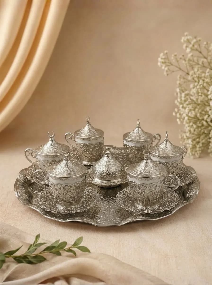 ACAR Luxury Turkish Coffee Set for 6 | Covered Glass Cups, Tray & Sweet Dish | Ottoman Silver | Made in Turkey