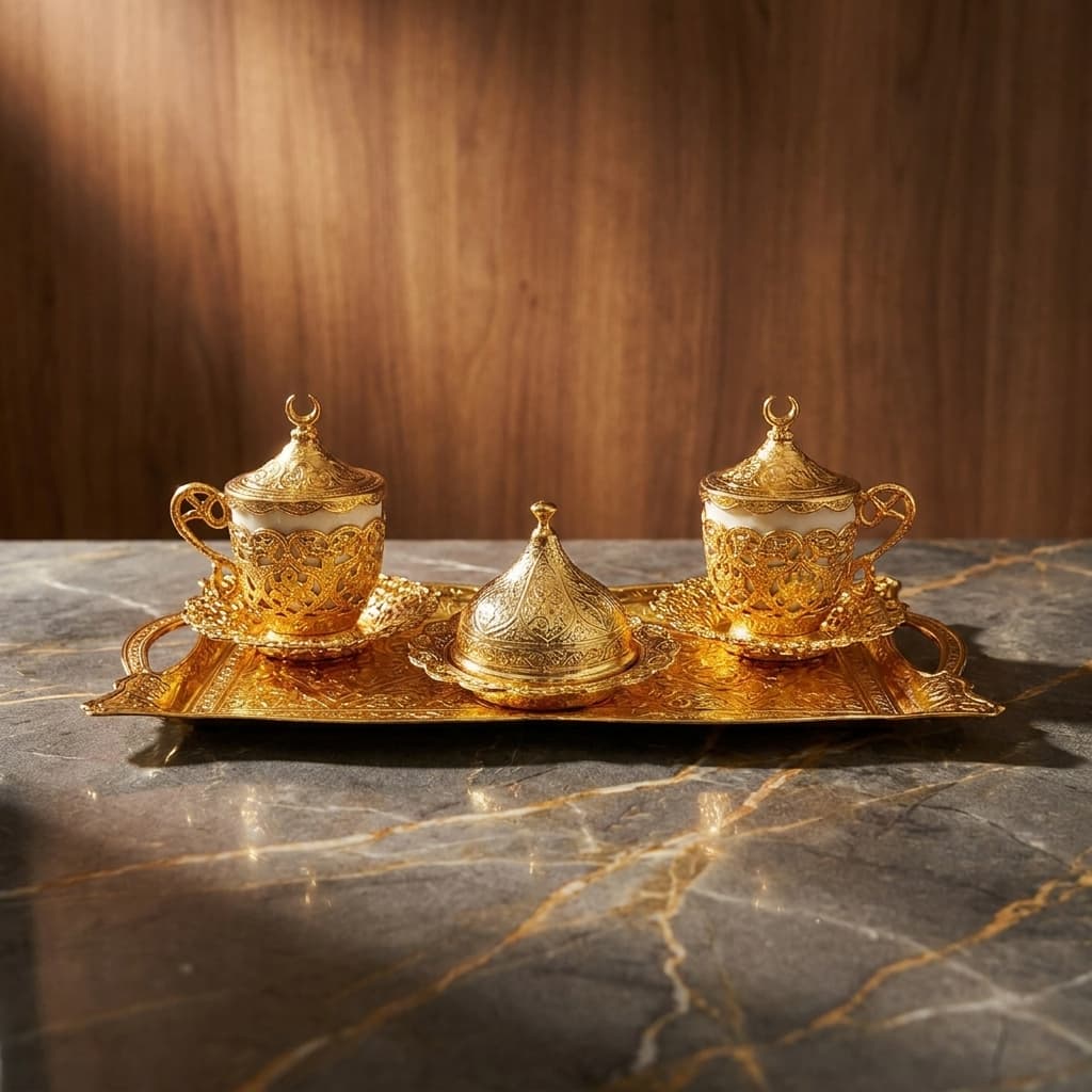 Acar Luxury Turkish Coffee Set for 2 | Cups, Saucers, Tray & Sweet Dish | Ottoman Gold | Made in Turkey