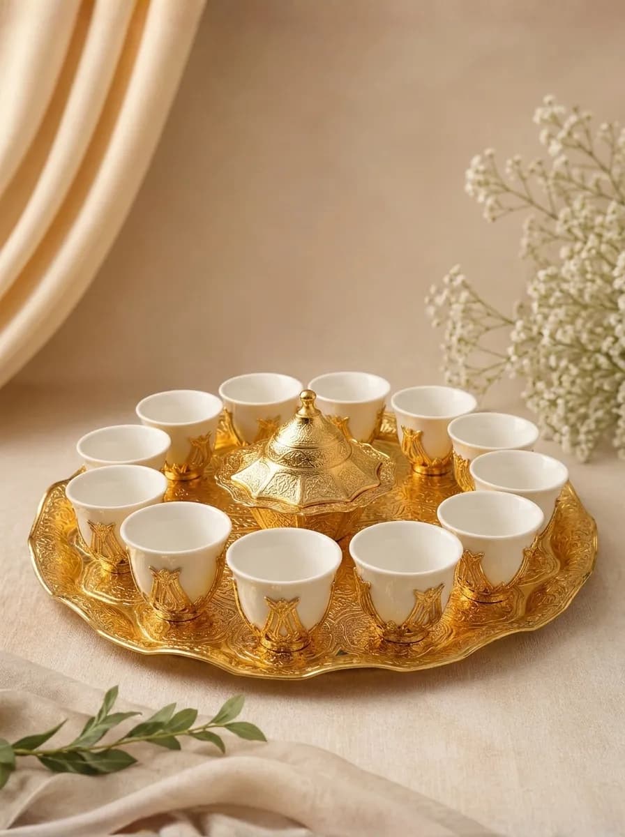 ACAR Luxury Arabian Coffee Set for 12 | Gold Tray, 12 Cups with Holders & Covered Dates Bowl | Ottoman Style | Made in Turkey