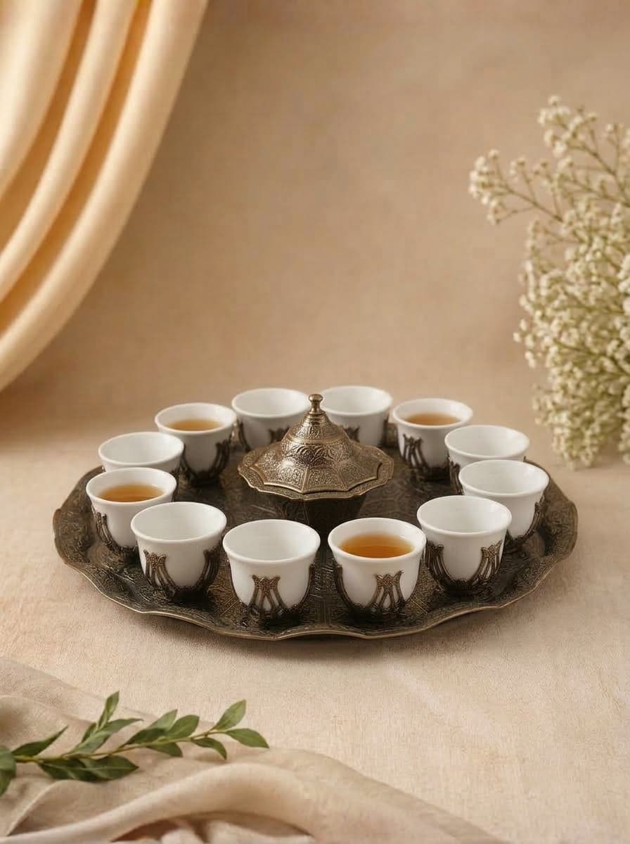 Acar Bronze Arabian Coffee Set for 12 with Tray and Dates Pot