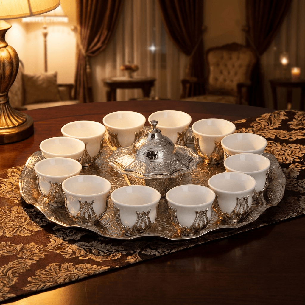 Acar Luxury Arabian Coffee Set for 12 | Tray, 12 Glass Cups & Dates Pot | Ottoman Silver | Made in Turkey