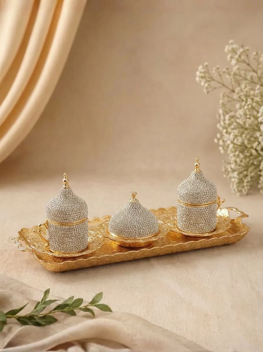 ACAR Luxury Turkish Coffee Set for 2 | Gold Tray, 2 Covered Cups & Covered Sweet Dish | Ottoman Style | Made in Turkey