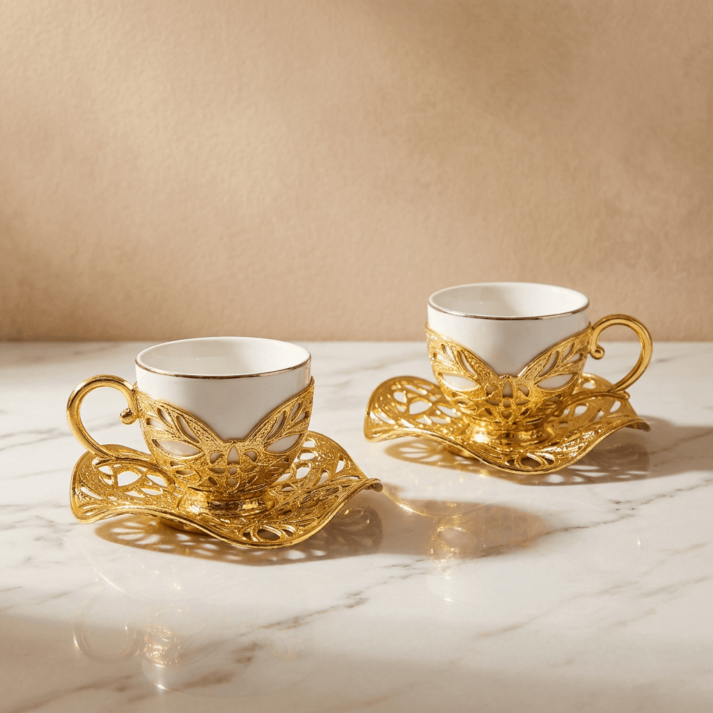 Acar Ottoman Turkish Coffee Set for 2 | Tray, 2 Cups & Holders | Sparkling Gold | Made in Turkey